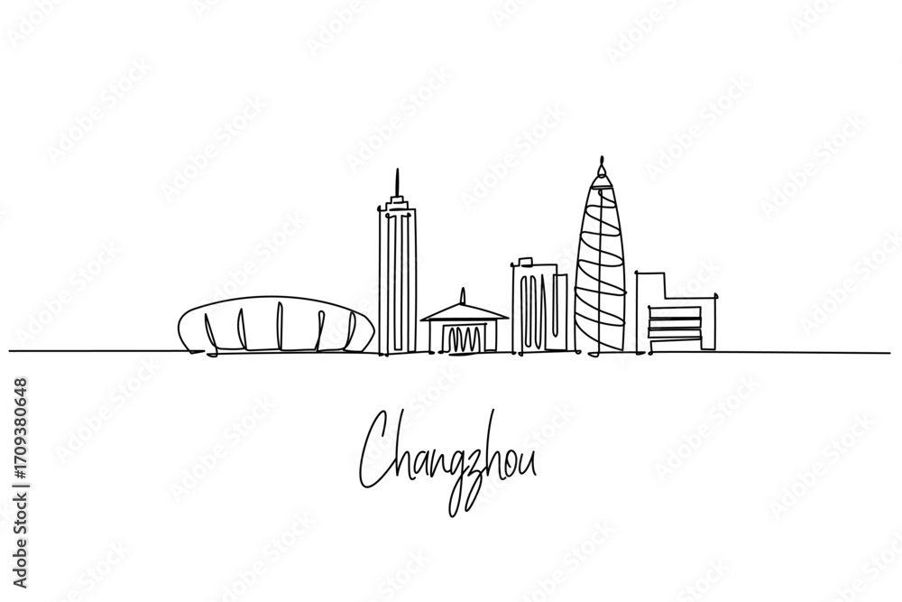 Obraz premium Modern one line drawing of Changzhou skyline highlights its towers, stadium and cultural landmarks in minimalist outline, an artistic representation of this vibrant Chinese cityscape.