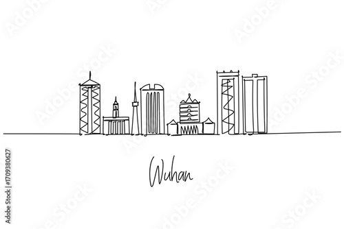 Creative continuous line drawing of Wuhan city skyline shows modern skyscrapers and cultural towers in minimalist outline, excellent for architecture, travel art and urban cityscape concepts.
