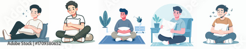 vector man sitting on the floor hugging a pillow