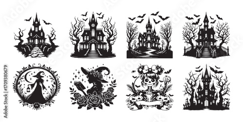 Collection of Halloween Silhouettes Featuring Haunted Houses Witches and Skeletons bats Bundle