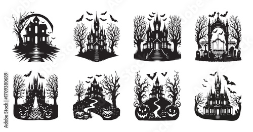 Eight Halloween Silhouettes of Haunted Mansions Graveyards and Spooky Scenes Keywords: halloween, haunted house, silhouette, spooky, scary,... Bundle