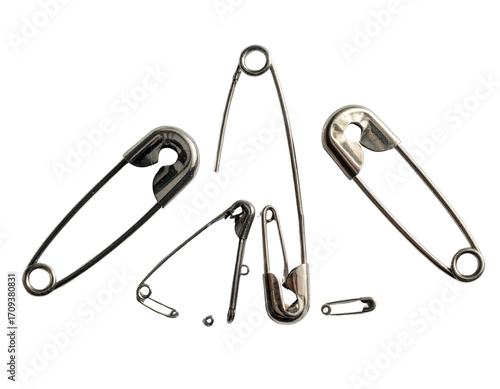 Set of assorted safety pins in different sizes isolated on transparent background PNG