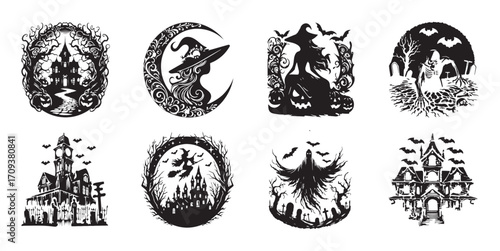 Halloween Silhouettes Featuring Witches Skeletons Haunted Houses and Ghosts Keywords: halloween, witch, skeleton, haunted house, ghost, Bundle