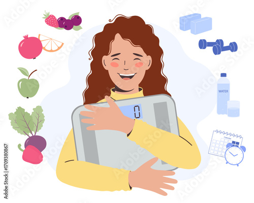 Young happy cheerful woman with scale in her hands. Healthy lifestyle weight loss concept.  Proper nutrition, healthy food,  fitness, weight management. 