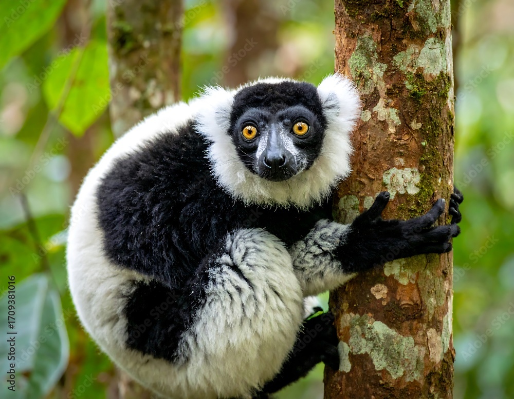 Obraz premium Black and white lemur clinging to a tree trunk in a lush forest
