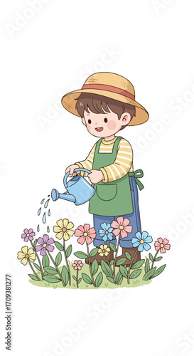 Cute Cartoon Boy Watering Colorful Garden Flowers.