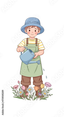 Charming illustration of a little boy watering flowers.