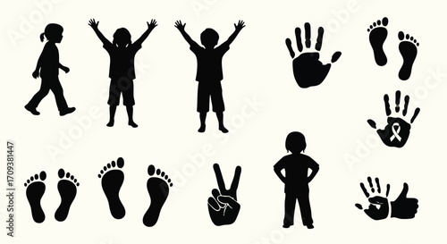 Silhouette illustrations of children in various poses: walking, arms raised, hands, feet, peace sign, and hand with ribbon.