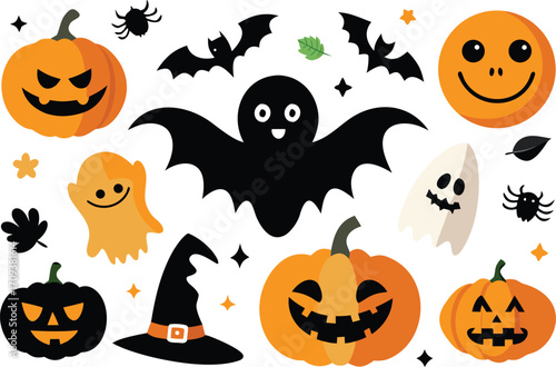 Halloween vector collection spooky pumpkins bats ghosts spiders and witch hat illustration