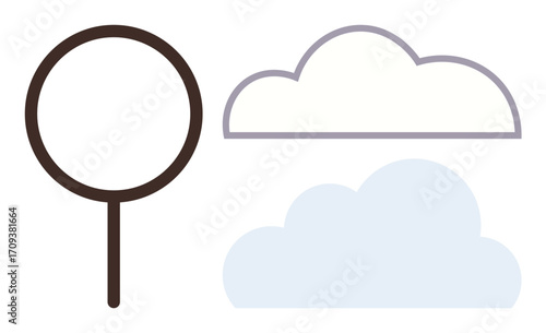 Magnifying glass beside two cloud shapes merging sharp focus with abstract thinking. Ideal for analysis, creativity, research, imagination, innovation, education, simplicity. Minimalistic flat