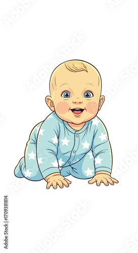 Adorable Baby Crawling with Joyful Expression.