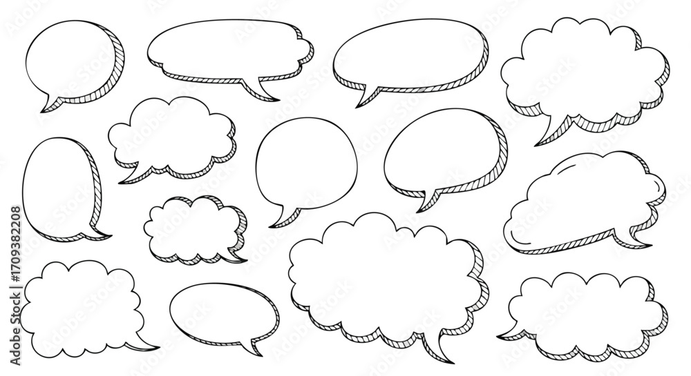 Obraz premium A collection of hand-drawn speech bubbles and thought clouds in various shapes and sizes, outlined in black on a white background.