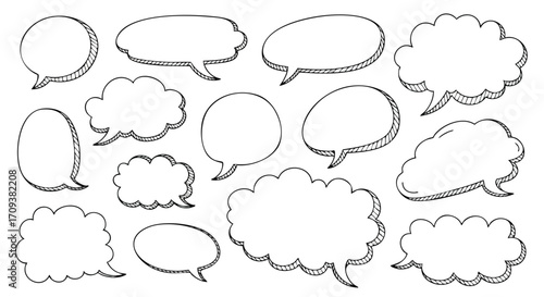 A collection of hand-drawn speech bubbles and thought clouds in various shapes and sizes, outlined in black on a white background.