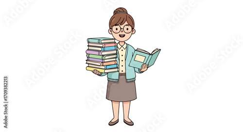 Happy Librarian Holding Many Books.