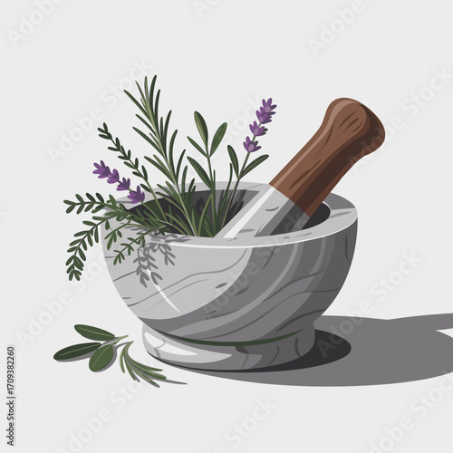 Mortar and Pestle with Fresh Herbs Vector Illustration