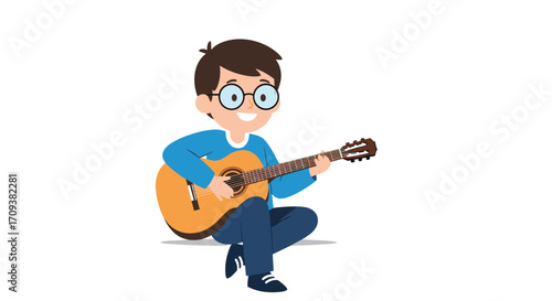 A young boy with glasses enthusiastically plays an acoustic guitar outdoors.