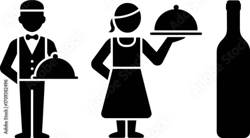 Professional server and waitress presenting food with a bottle of wine