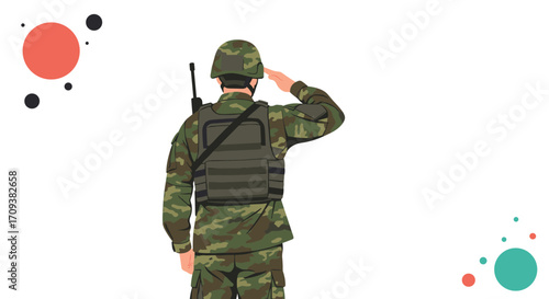 A soldier in camouflage uniform salutes while wearing a helmet and tactical vest.