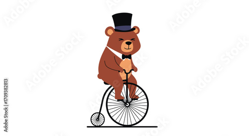 A dapper bear in a top hat rides a vintage penny-farthing bicycle with a smile on its face.