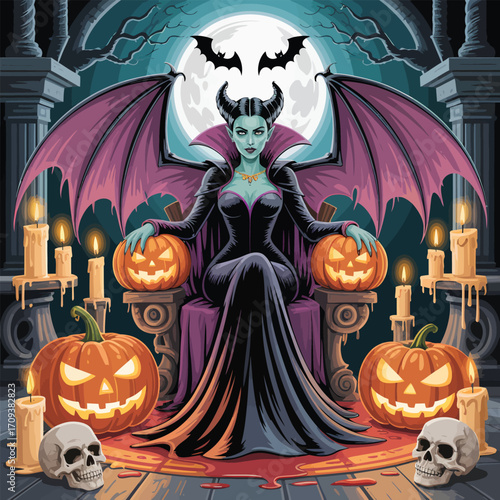 Vampire queen with bat wings, pumpkins, skulls, and candles on a throne halloween