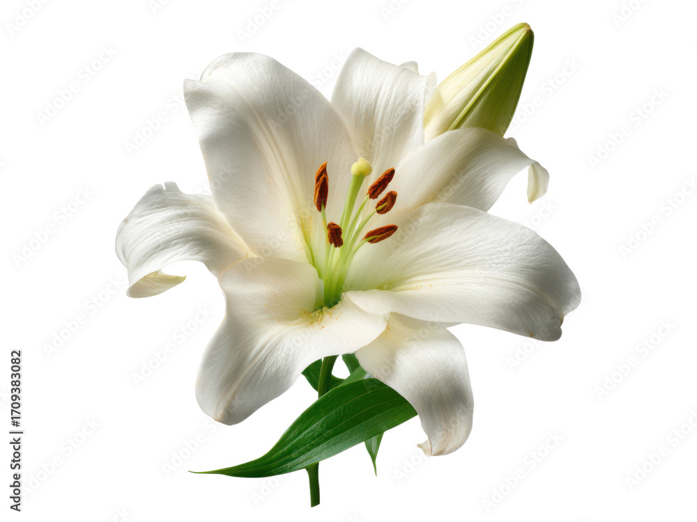 Obraz premium Elegant white lily bloom with green bud and leaves flower petal