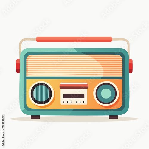 A stylized illustration of a vintage, portable radio, featuring a handle and speaker details.