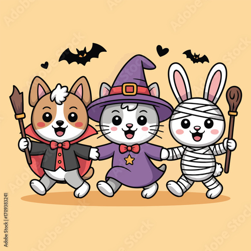 Cute dog cat and rabbit dressed in Halloween costumes holding brooms image photo