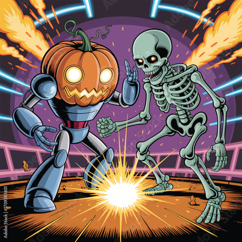 Spooky Robot Pumpkin and Skeleton Duel in a Fiery Arena Halloween fighting