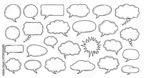 Collection of hand-drawn speech bubbles and thought clouds in various shapes and sizes, arranged in a grid.