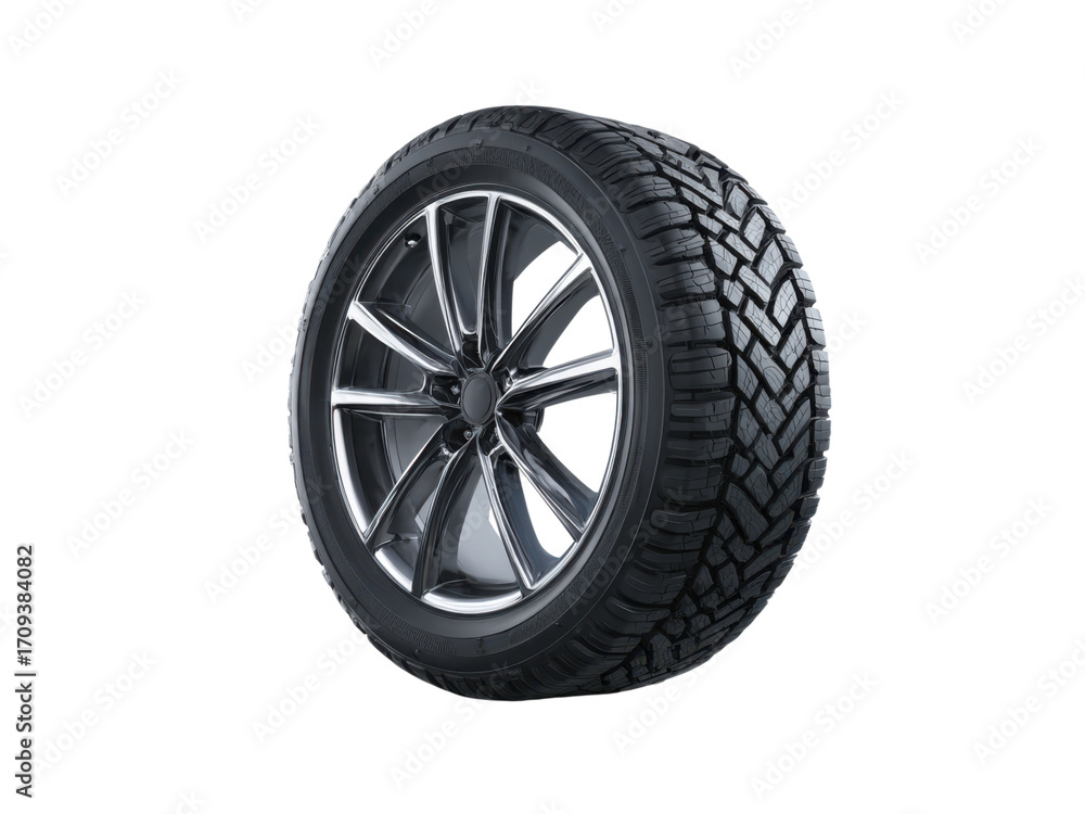 Obraz premium Shiny alloy wheel with deep tread tire automotive vehicle