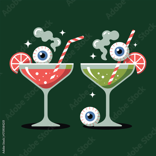 Spooky Halloween drinks with eyeballs and striped straws cocktail