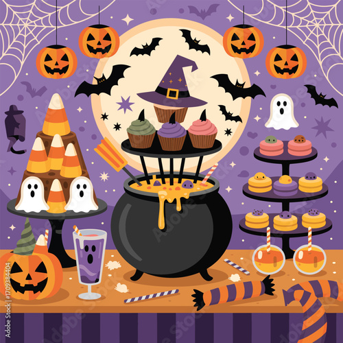 Spooky Halloween party table with cauldron, cupcakes, candy apples and ghosts image