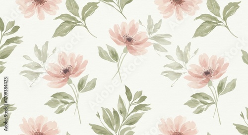 Watercolor Floral Pattern with Pink Flowers and Green Leaves.
