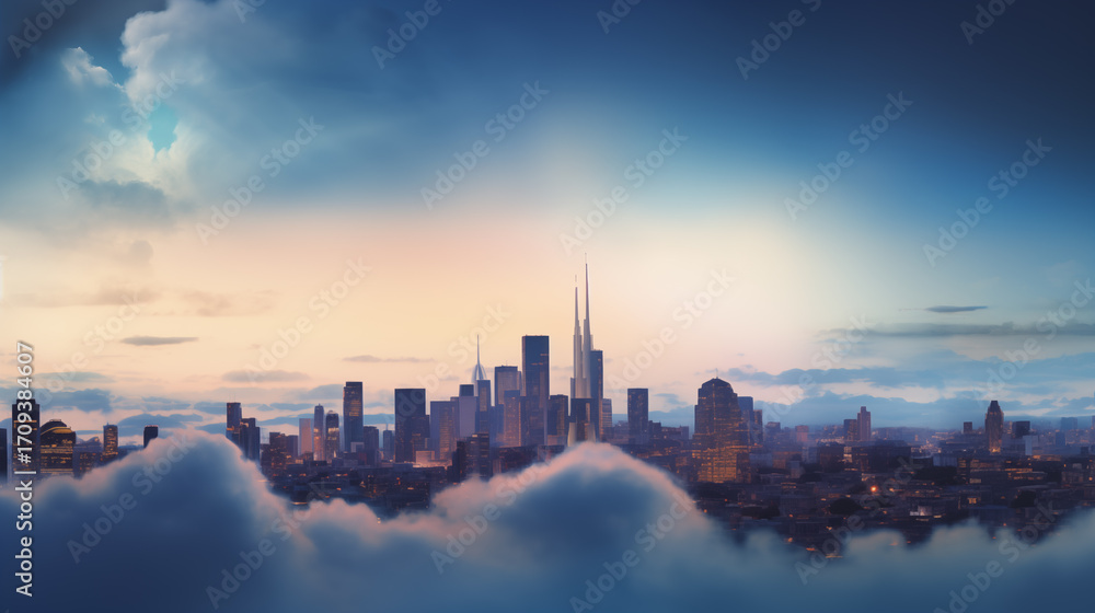Fototapeta premium The city against the backdrop of the dawn sky concept background poster. AI artwork.