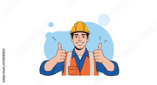 A construction worker with a yellow hard hat and orange vest gives two thumbs up and smiles.