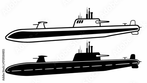Two stylized submarines in black and white showing different design and color variations side by side created with generated ai 