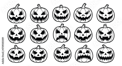 Black and white Doodle Vector art of a spooky assortment of cartoon pumpkins, , each carved with a menacing expression, perfect for adding a touch of halloween fright