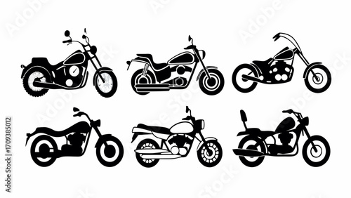 Collection of six different motorcycle silhouettes in black and white vector illustration style art created with generated ai 