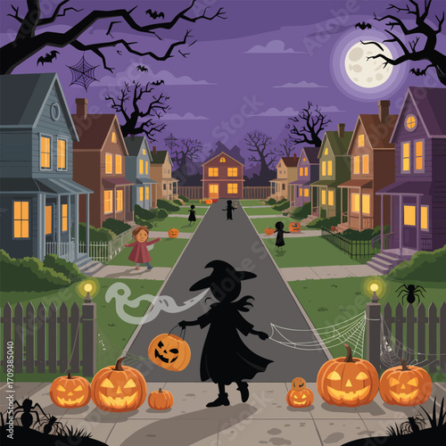 Silhouette of a witch trick or treating on a spooky street with houses and pumpkins