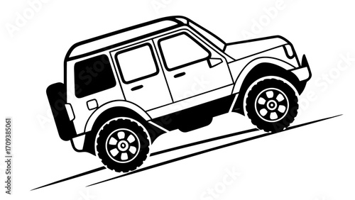 Illustration of a black and white off road vehicle climbing a hill with spare tire on the back created with generated ai 
