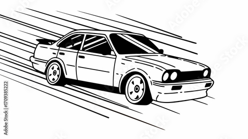 Stylized black and white illustration of a car in motion with speed lines on a white background created with generated ai 