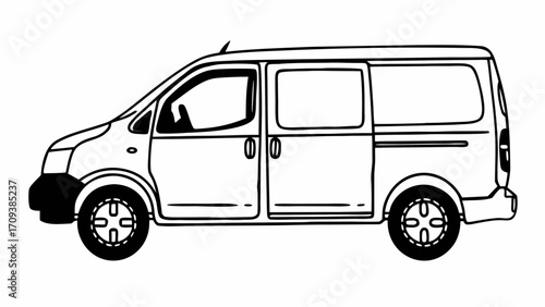 Outline drawing of a white delivery van with sliding side door on a white background in vector format created with generated ai 