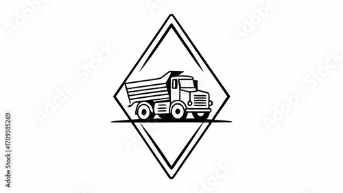 Illustration of a dump truck inside a diamond shape with a horizontal line at the bottom edge created with generated ai 