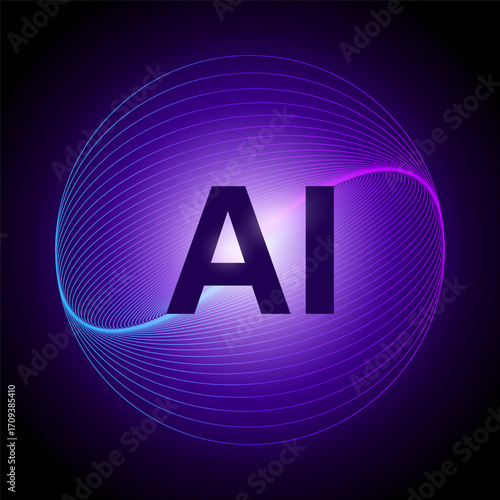 Artificial intelligence AI logo and abstract futuristic circle geometry with neon glow light effect in a vibrant gradient modern design circular tech line curve symbol for robot assistance innovation.