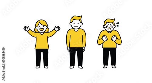 Three cartoon figures depict different emotional states: joy with raised arms, neutral expression, and sadness with tears.