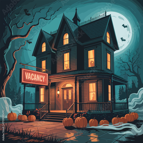 Haunted house with vacancy sign and pumpkins under a full moon and bats Keywords: haunted house