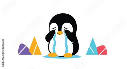 A small sad penguin cries in a colorful landscape.