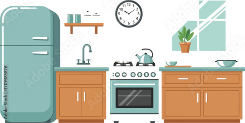 Cheerful kitchen scene with a retro refrigerator stove and sink creating a cozy and inviting atmosphere for cooking and gathering perfect for home decor and lifestyle designs