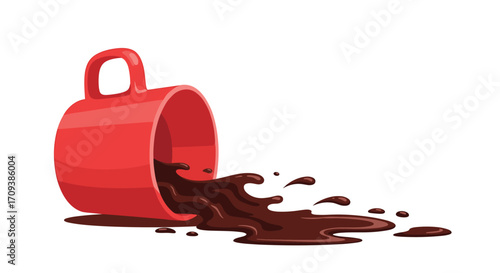 A red coffee mug tipped over spilling hot chocolate onto a white surface.