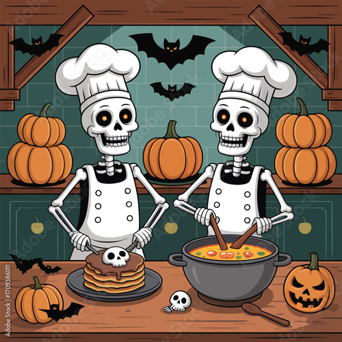 Halloween skeleton chefs cooking pancakes and soup in a kitchen skeletons